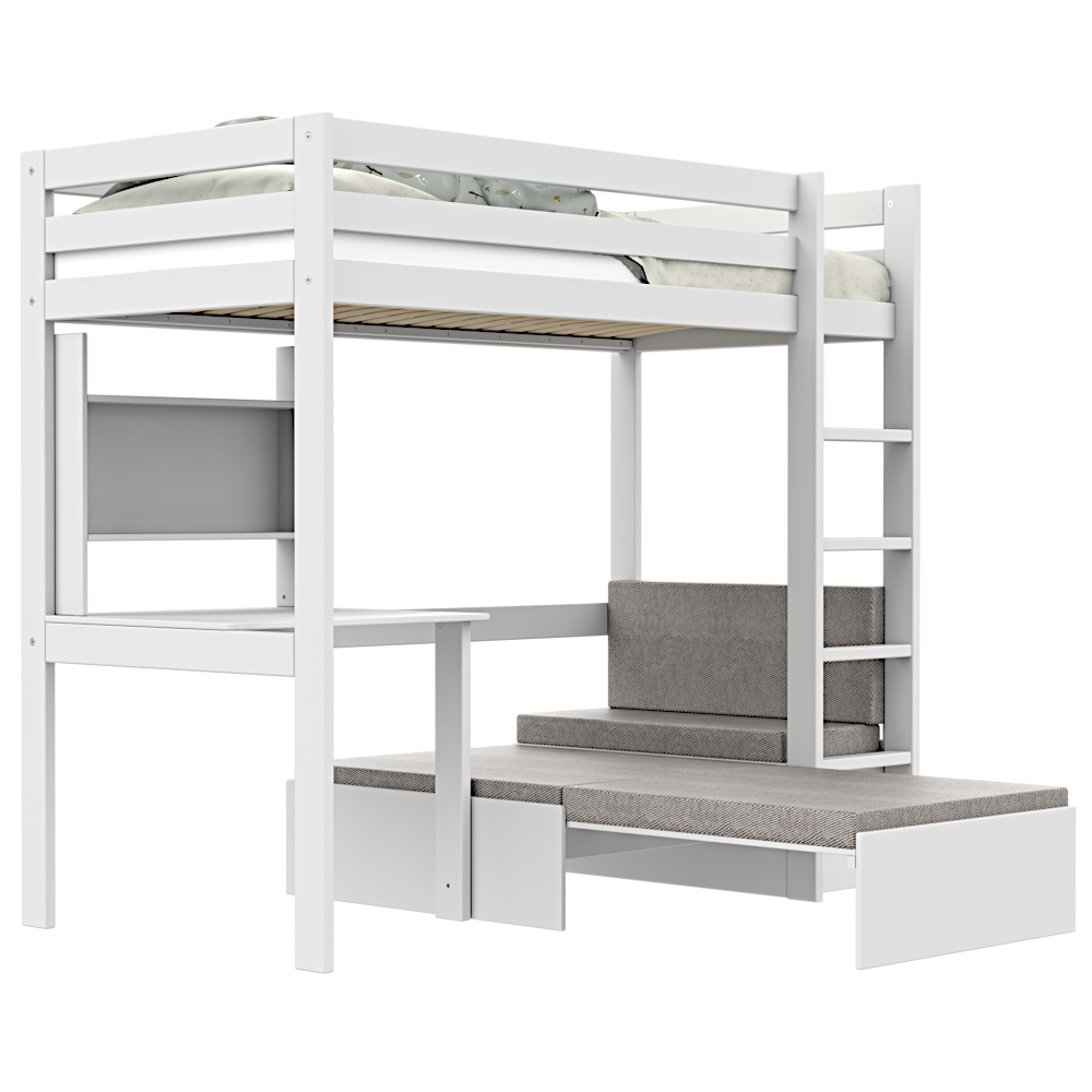 Elements Hochbett 177 cm mit Sitzecke und Schreibtisch - Study & Relax - weiss